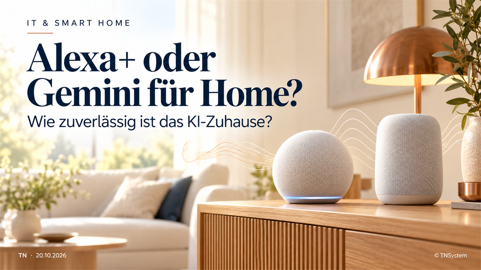 Helle Smart-Home-Illustration mit zwei Sprachlautsprechern und einer Lampe zum Vergleich von Alexa+ und Gemini für Home.