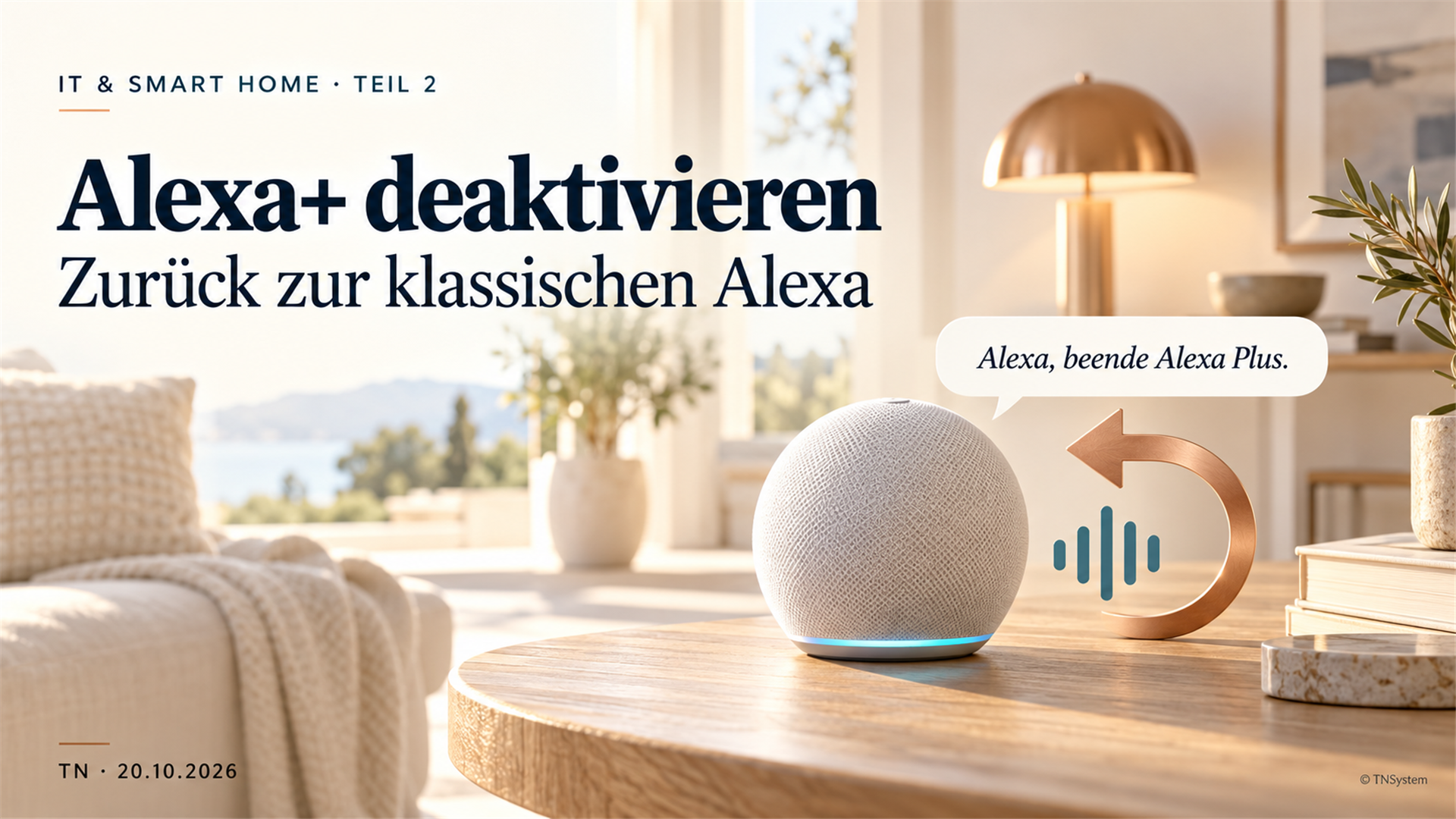 Bright editorial illustration of a voice assistant speaker, return arrow and German command for disabling Alexa+.