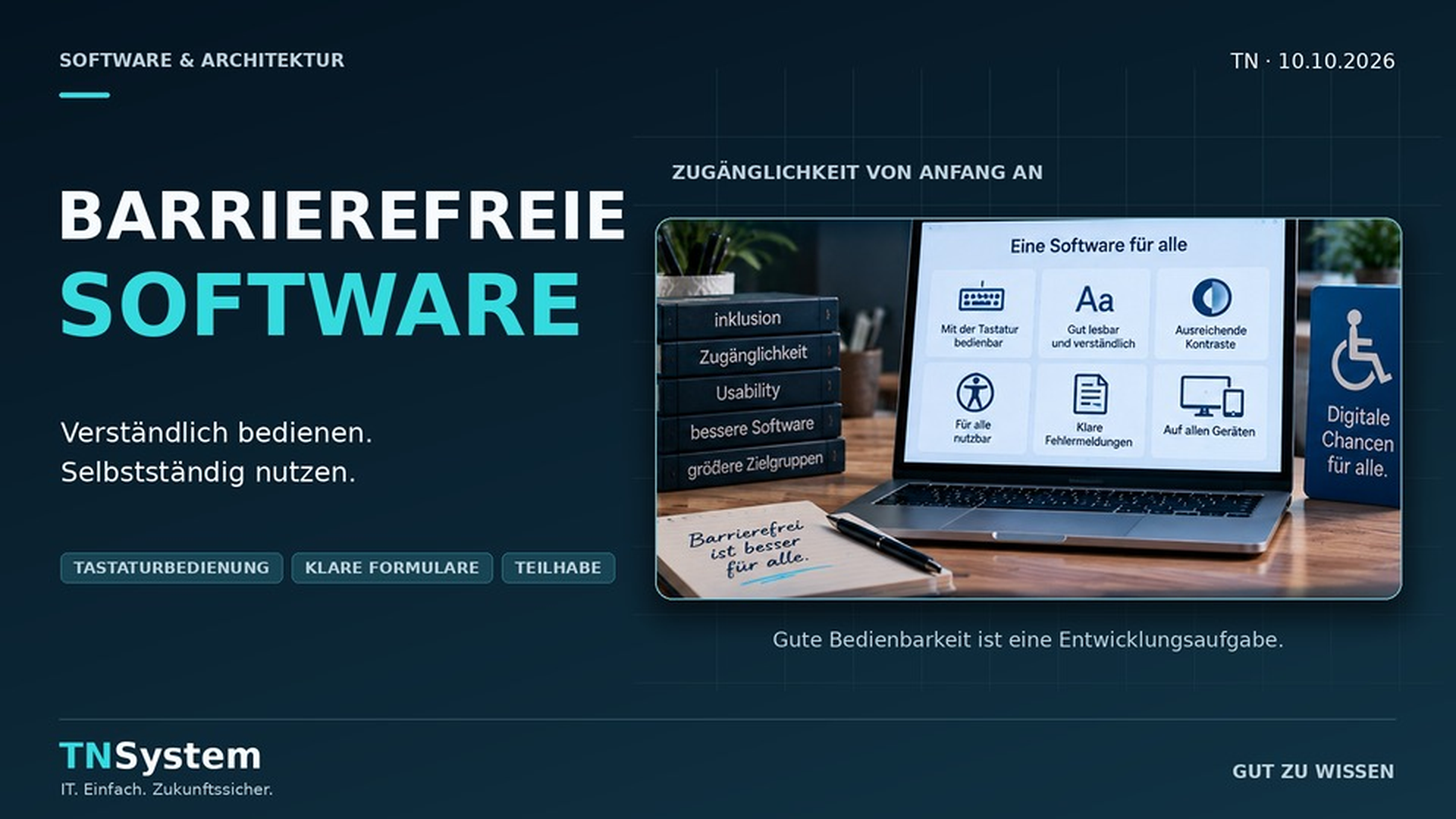 Illustration zu barrierefreier Software mit Tastaturbedienung, lesbaren Texten und verständlichen Formularen.