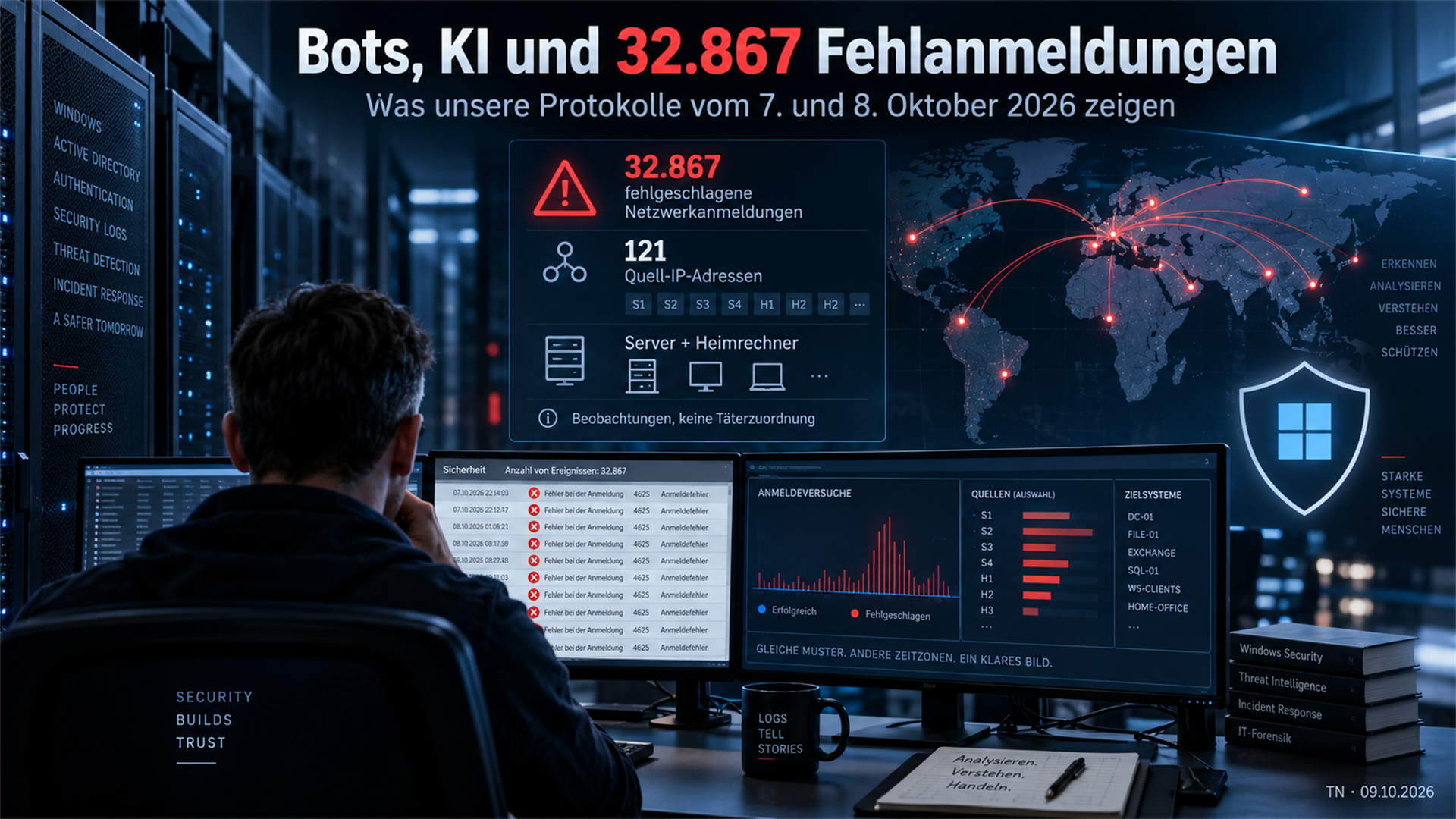 Illustration zu Bots und KI: Sicherheitsauswertung mit 32.867 Fehlanmeldungen, anonymisierten Quellenkennungen und einer symbolischen Weltkarte.