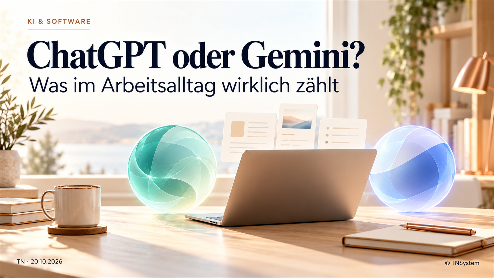 Helle Illustration eines Arbeitsplatzes mit Laptop und zwei abstrakten KI-Assistenten zum Vergleich von ChatGPT und Gemini.