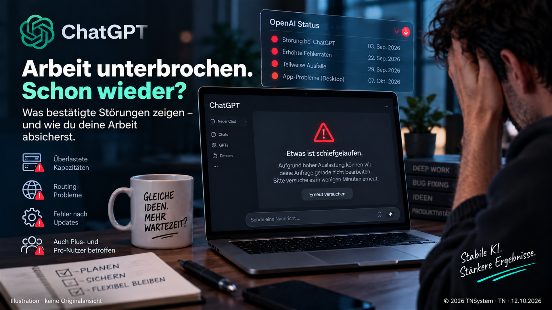 Illustration zu unterbrochener KI-Arbeit mit dargestellter Fehlermeldung und einer Auswahl von Statusvorfällen.