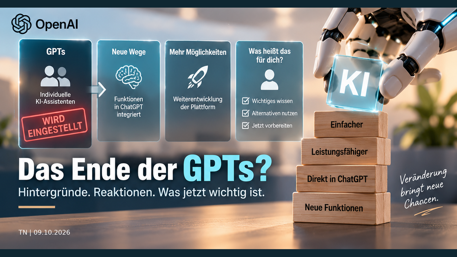Illustration zur geplanten Umstellung von Custom GPTs auf Plugins: Funktionen, neue Arbeitsweisen und Fragen für Nutzer.