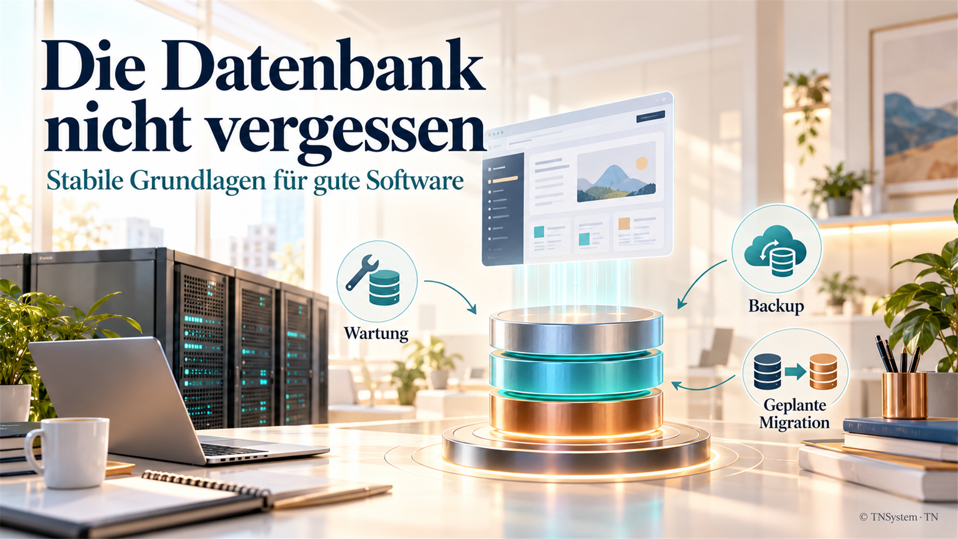 Bright illustration of database layers, a server, maintenance, backup and planned migration.