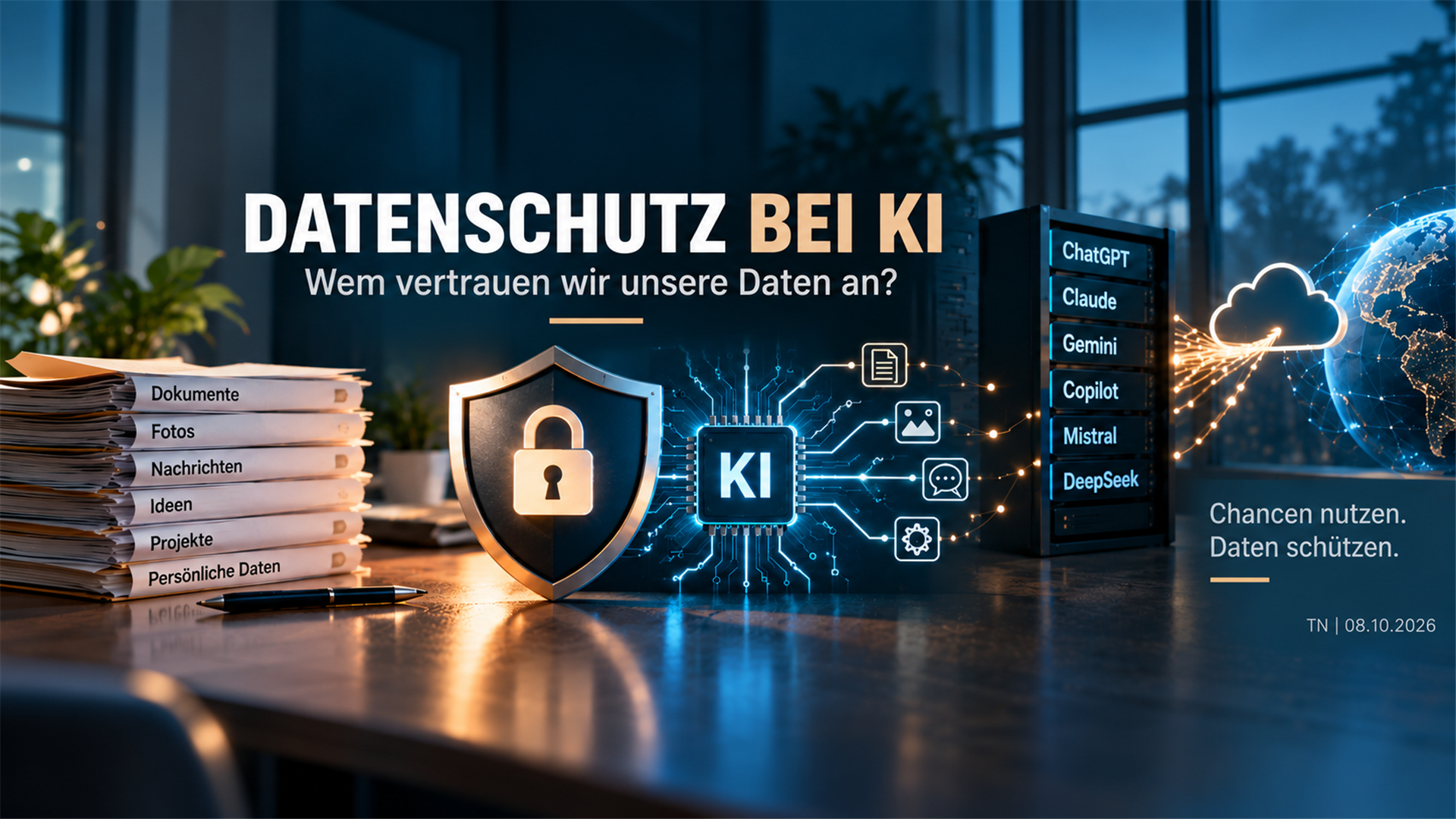 Dokumente, ein Schutzschild mit Schloss und ein KI-Chip neben einem Server mit Namen bekannter KI-Anbieter; Illustration zum Datenschutz bei KI.