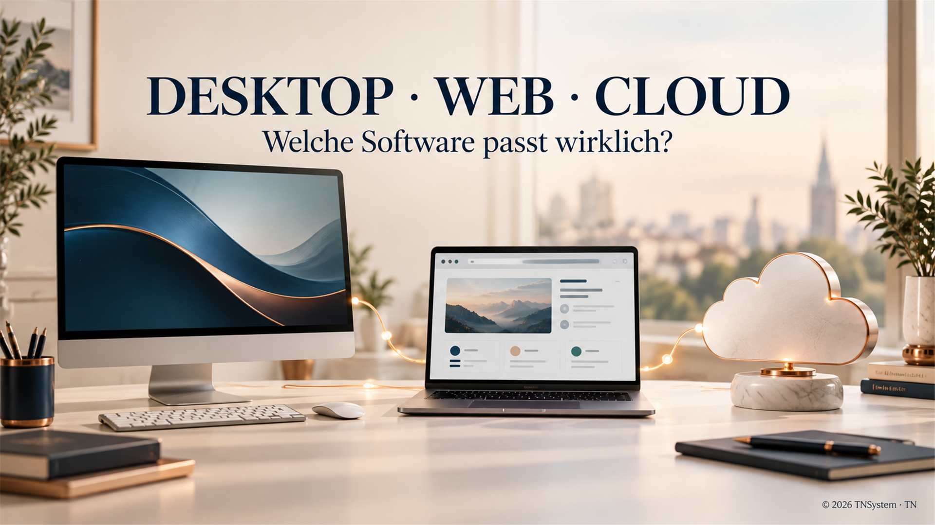 Illustration von Desktopcomputer, Webanwendung auf einem Laptop und einem verbundenen Cloudsymbol.