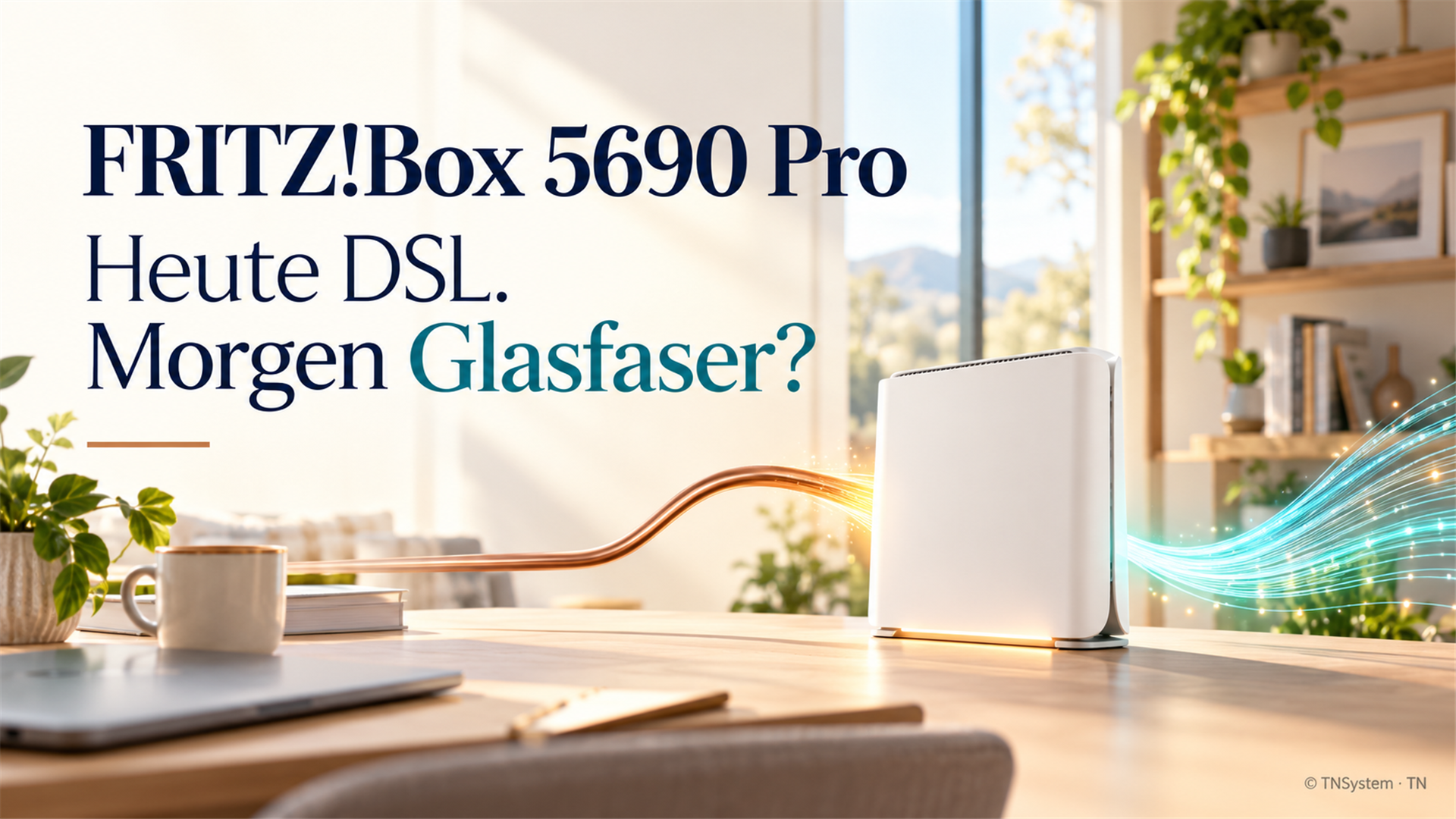 Helle Illustration eines geplanten Wechsels von DSL zu Glasfaser zur FRITZ!Box 5690 Pro.
