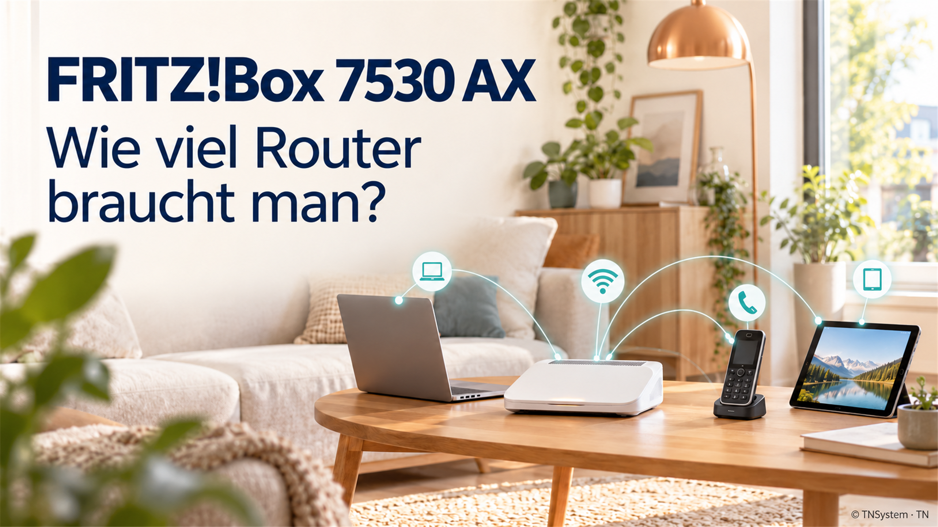 Helle Wohnzimmer-Illustration mit Router, Laptop, Telefon und Tablet zur FRITZ!Box 7530 AX.