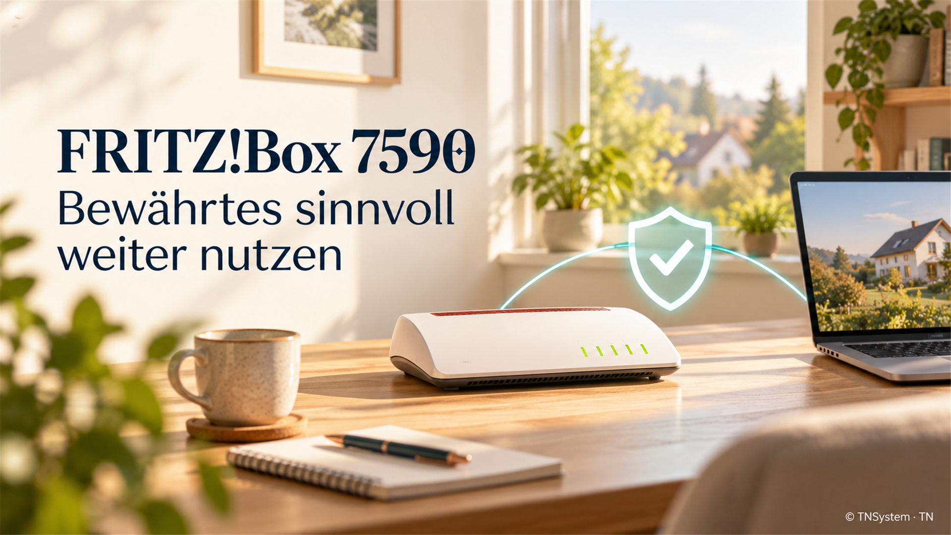 Bright editorial illustration of a router, laptop and shield for continued use of a FRITZ!Box 7590.
