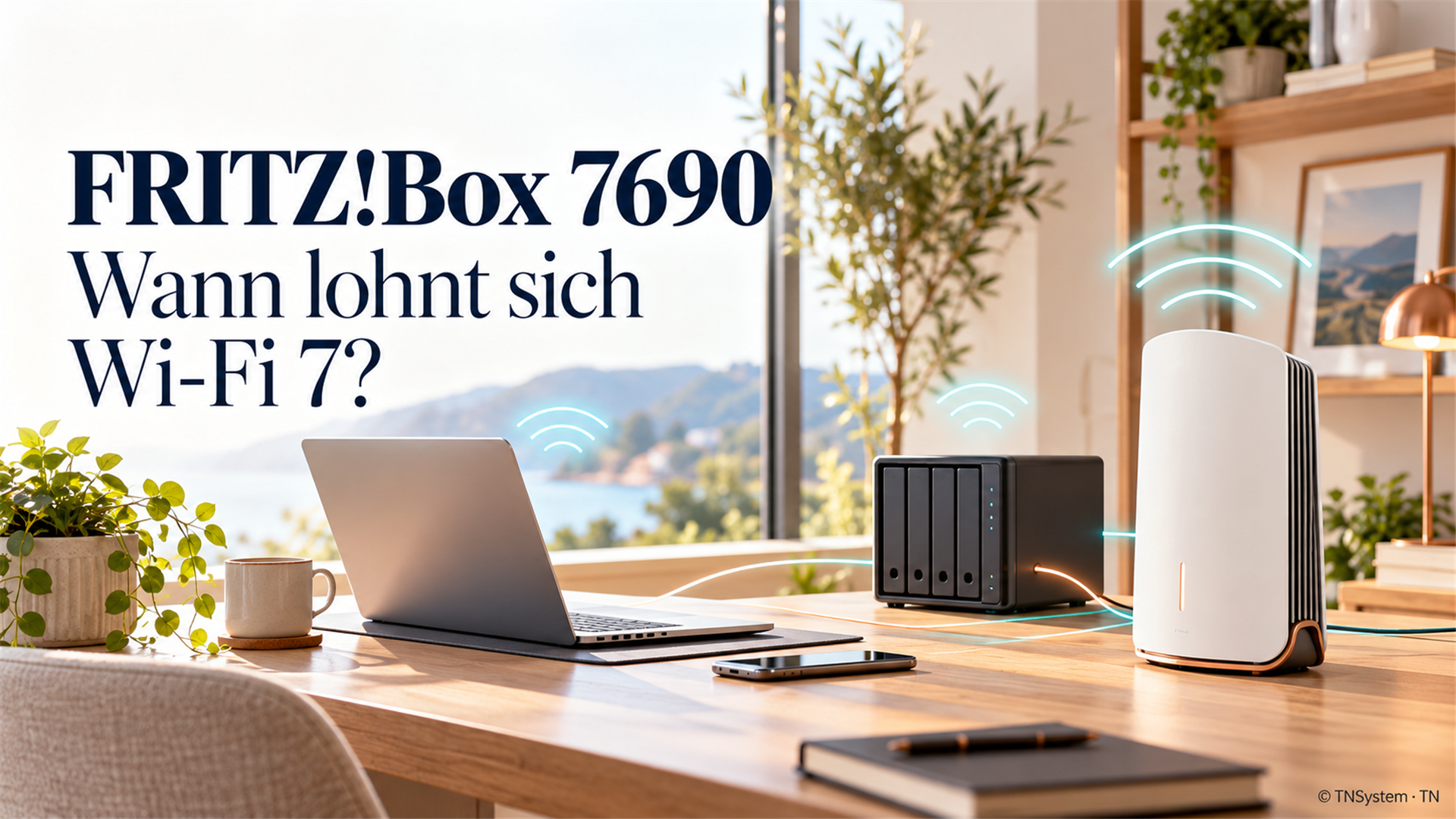 Helle Illustration eines Heimnetzes mit Laptop, Netzwerkspeicher und Router zum Wi-Fi-7-Upgrade.