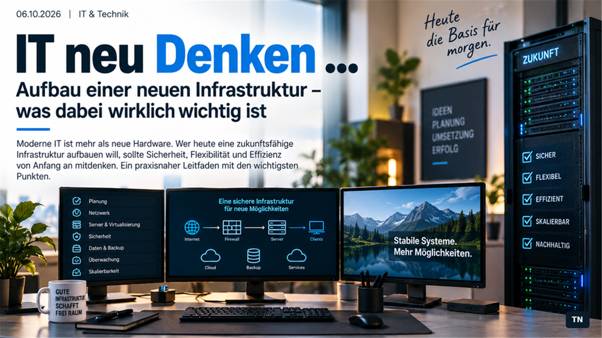 Illustration einer modernen IT-Umgebung mit Server, Netzwerkplan und Arbeitsplätzen für eine sichere und skalierbare Infrastruktur.