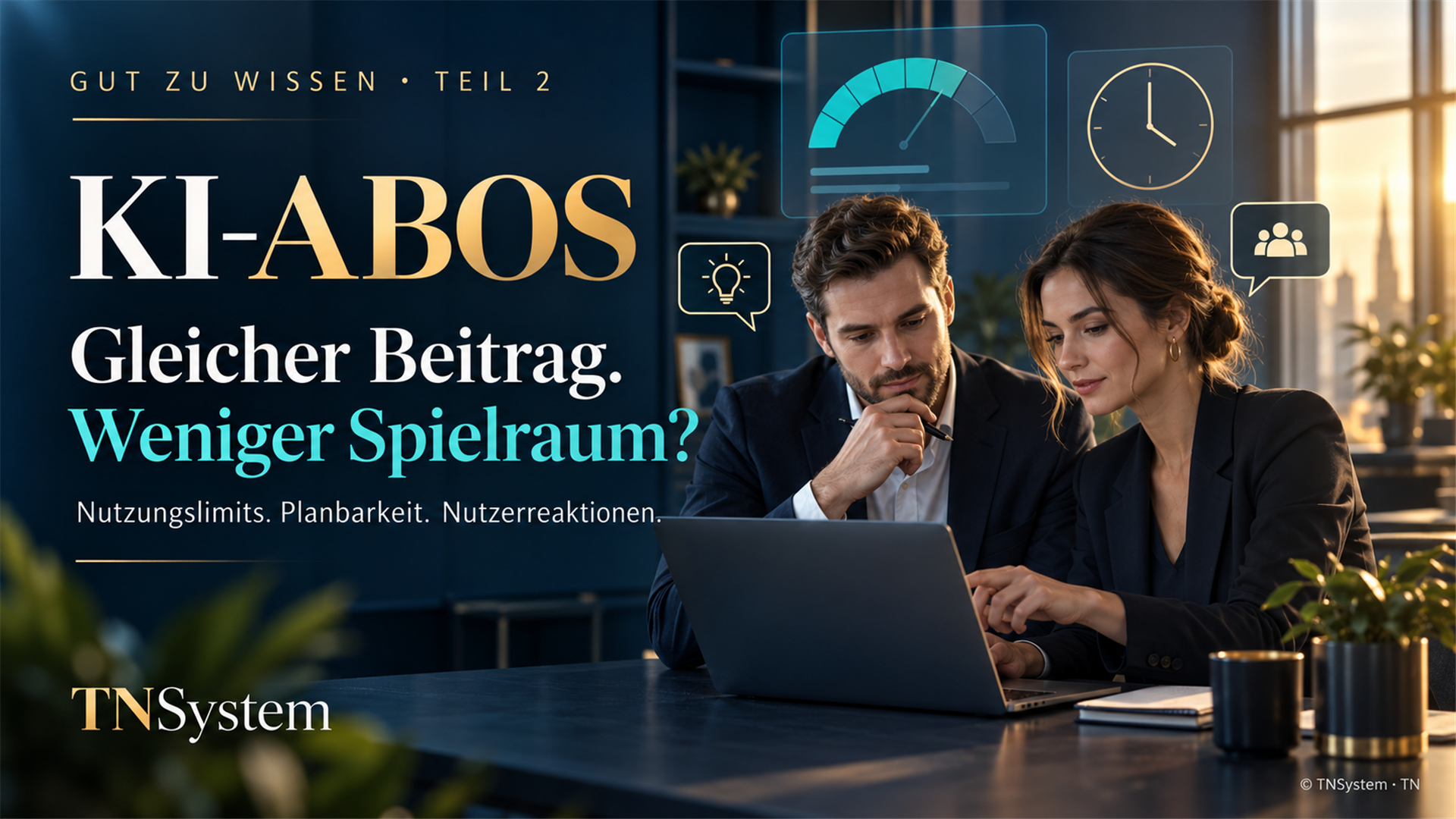 KI-Abos: Zwei Personen am Laptop mit Symbolen für Nutzungskontingent und Zeitplanung.