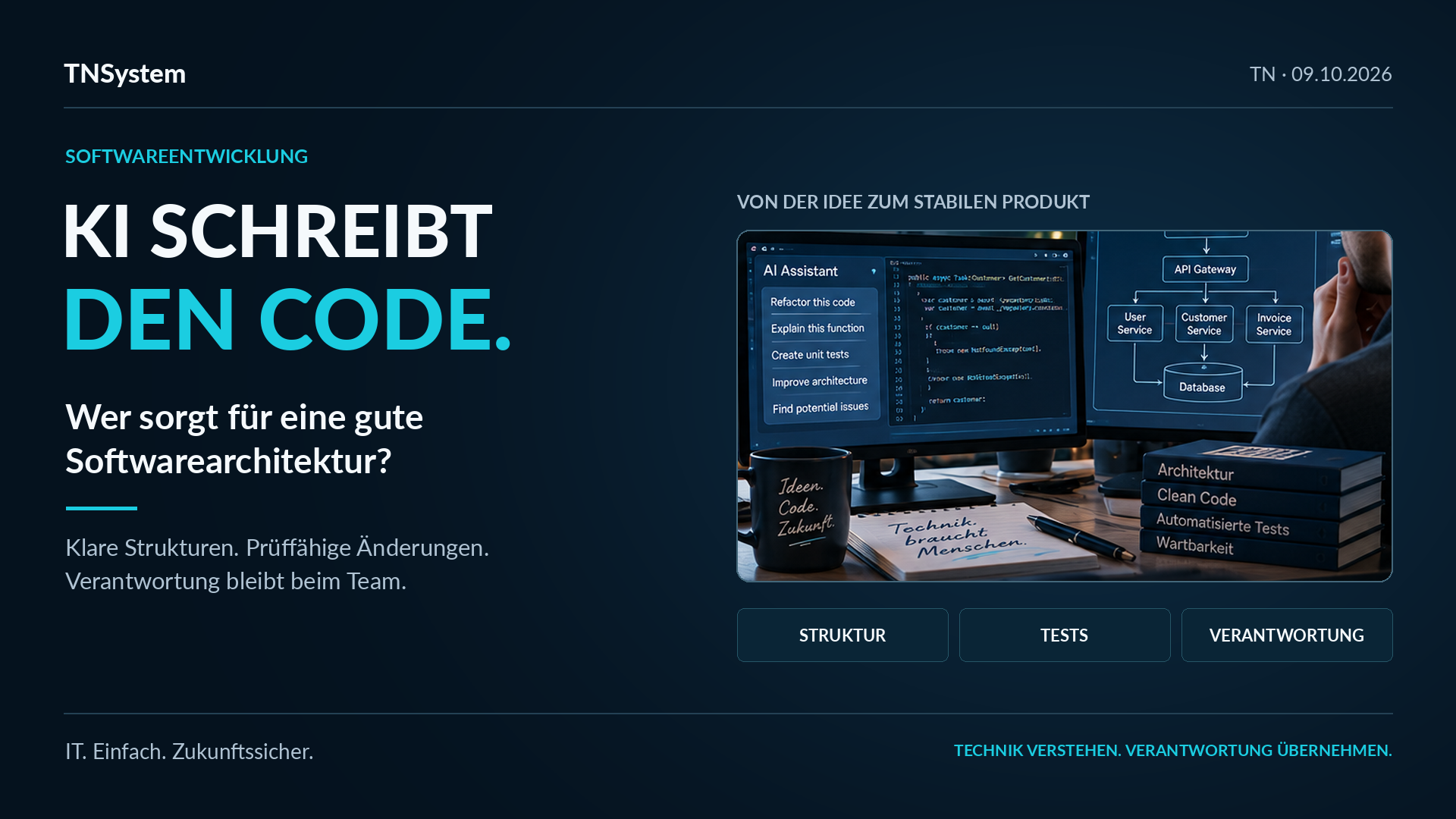 Illustration zu KI-gestützter Softwareentwicklung mit Code-Assistent und einem Architekturdiagramm.