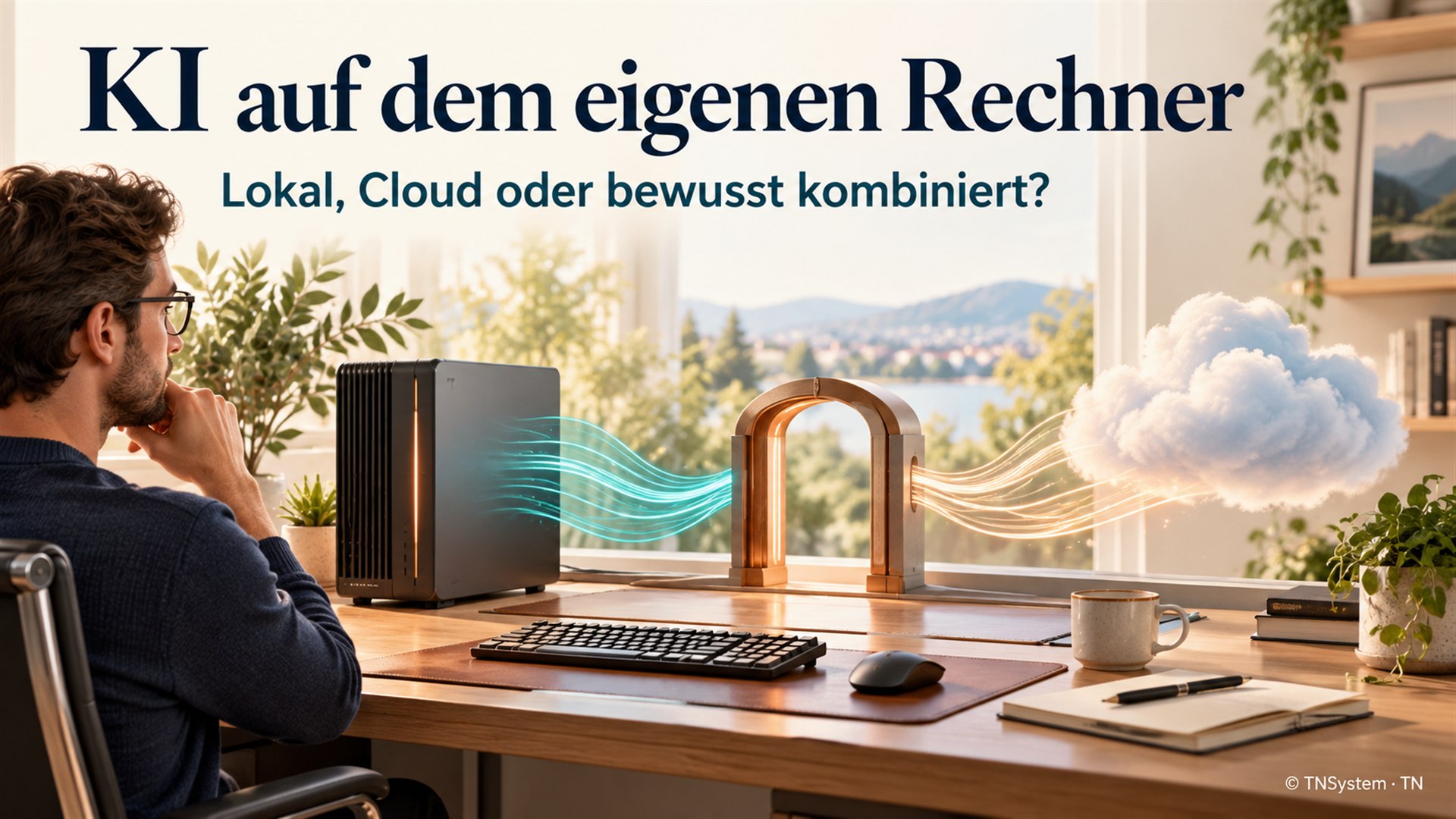 Heller Arbeitsplatz mit lokalem Computer, symbolischem Übergang und getrennt dargestellter Cloud.