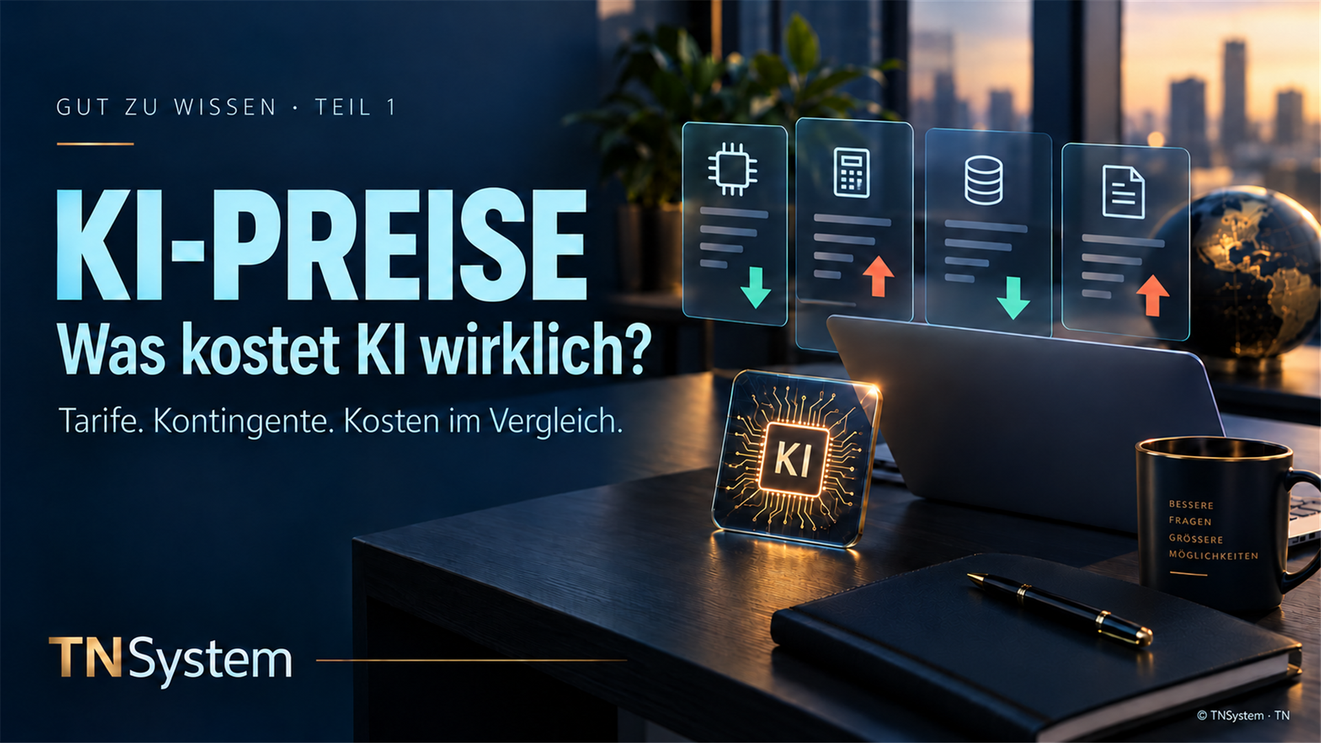 KI-Preise: Laptop, KI-Chip und neutrale Symbole für steigende und fallende Kosten.