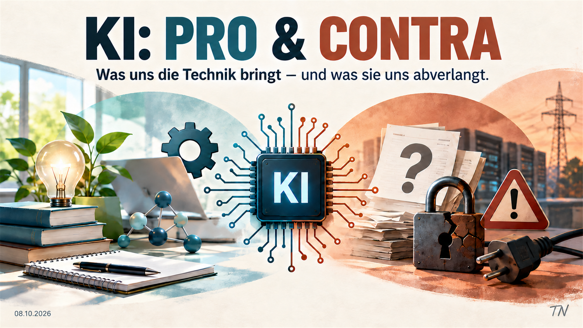 Ein KI-Chip zwischen Chancen mit Büchern, Glühbirne und Molekülmodell sowie Risiken mit beschädigtem Schloss, Fragezeichen und Stromstecker.