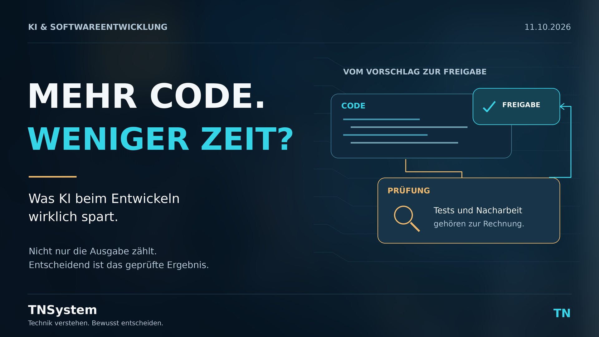 Illustration zum KI-Produktivitätsparadox: Codevorschlag, Prüfung, Tests und Freigabe.
