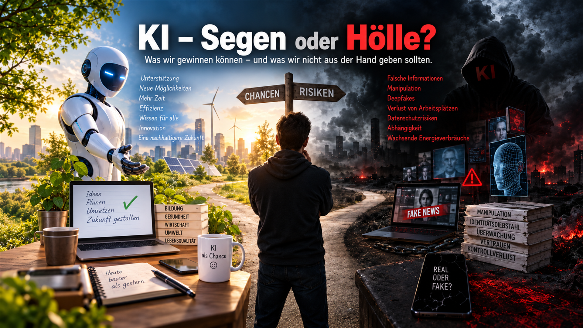 Ein Mensch zwischen zwei Zukunftsbildern: hilfreicher Roboter und grüne Technik links, Deepfakes und Manipulation rechts.