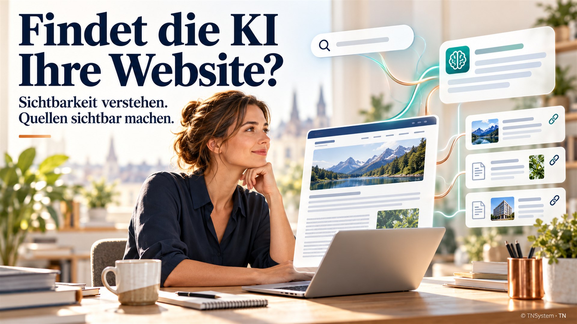 Helle Business-Szene mit Website und symbolischen Quellenkarten einer KI-Suche.
