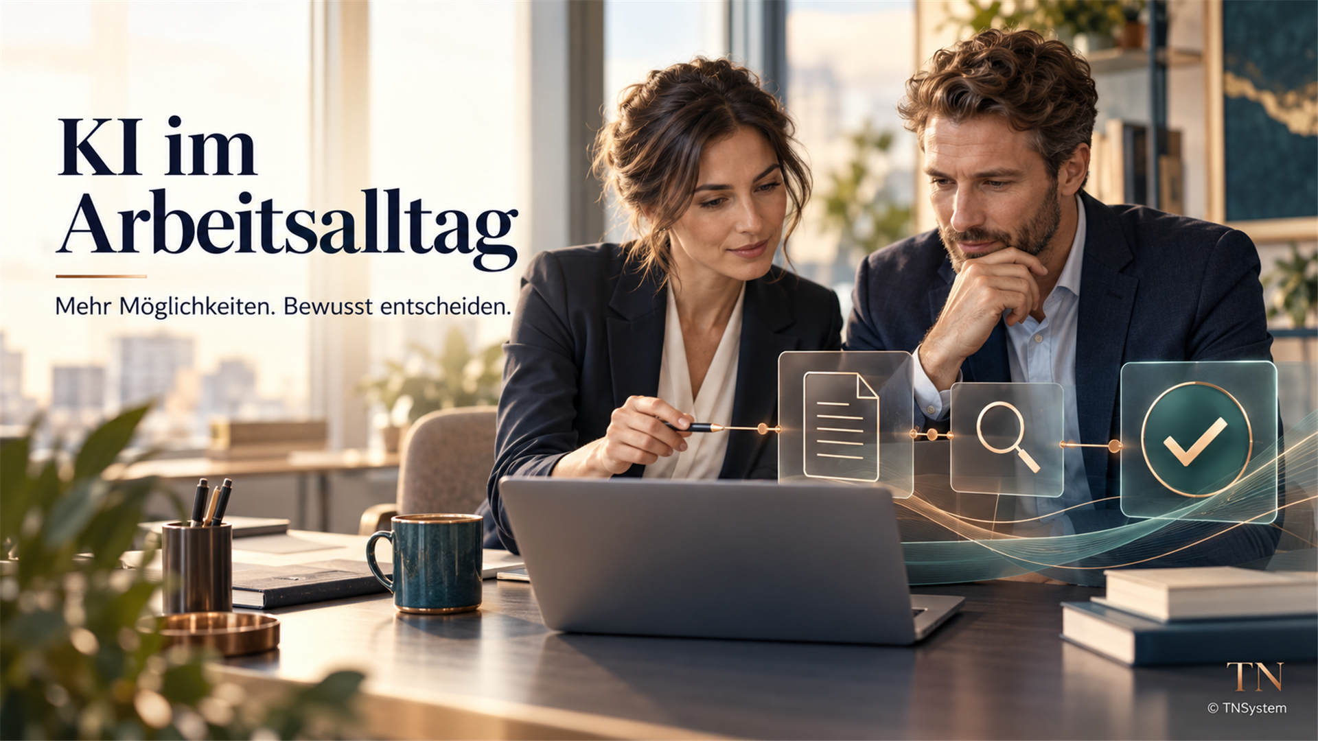 Zwei Personen prüfen einen KI-gestützten Arbeitsablauf am Laptop.