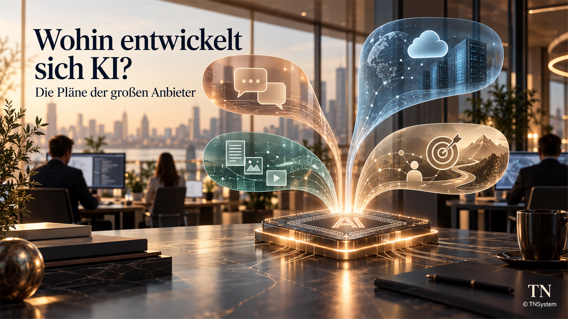 Symbolische vernetzte KI-Technologie in einem modernen Büro.