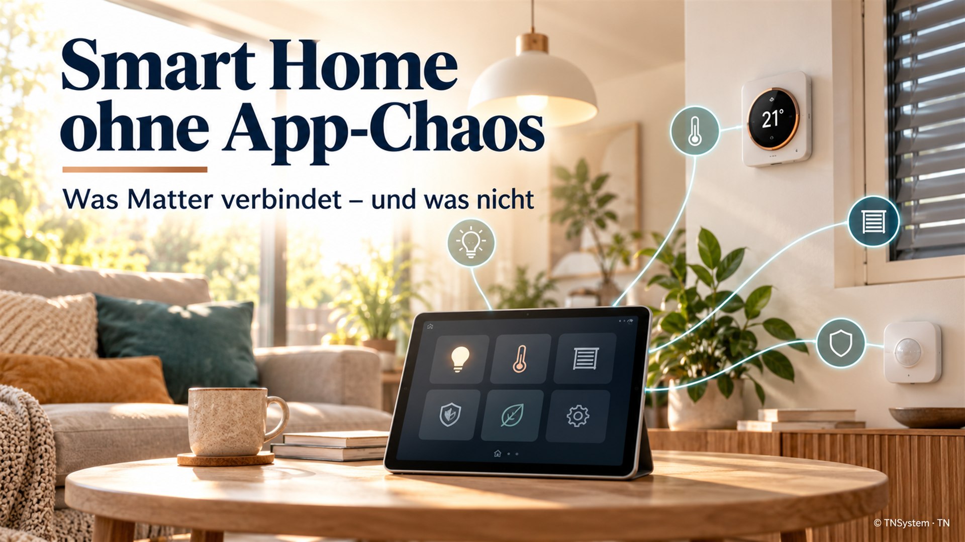 Bright living room illustrating shared control of lighting, heating and sensors.