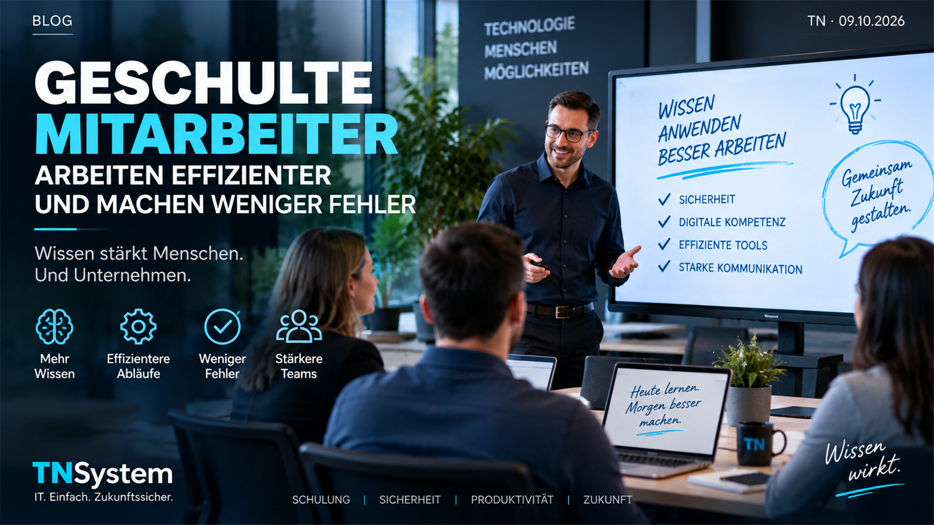Illustration einer Mitarbeiterschulung mit Trainer, Team und Präsentation zu digitaler Kompetenz, Sicherheit und effizienten Werkzeugen.