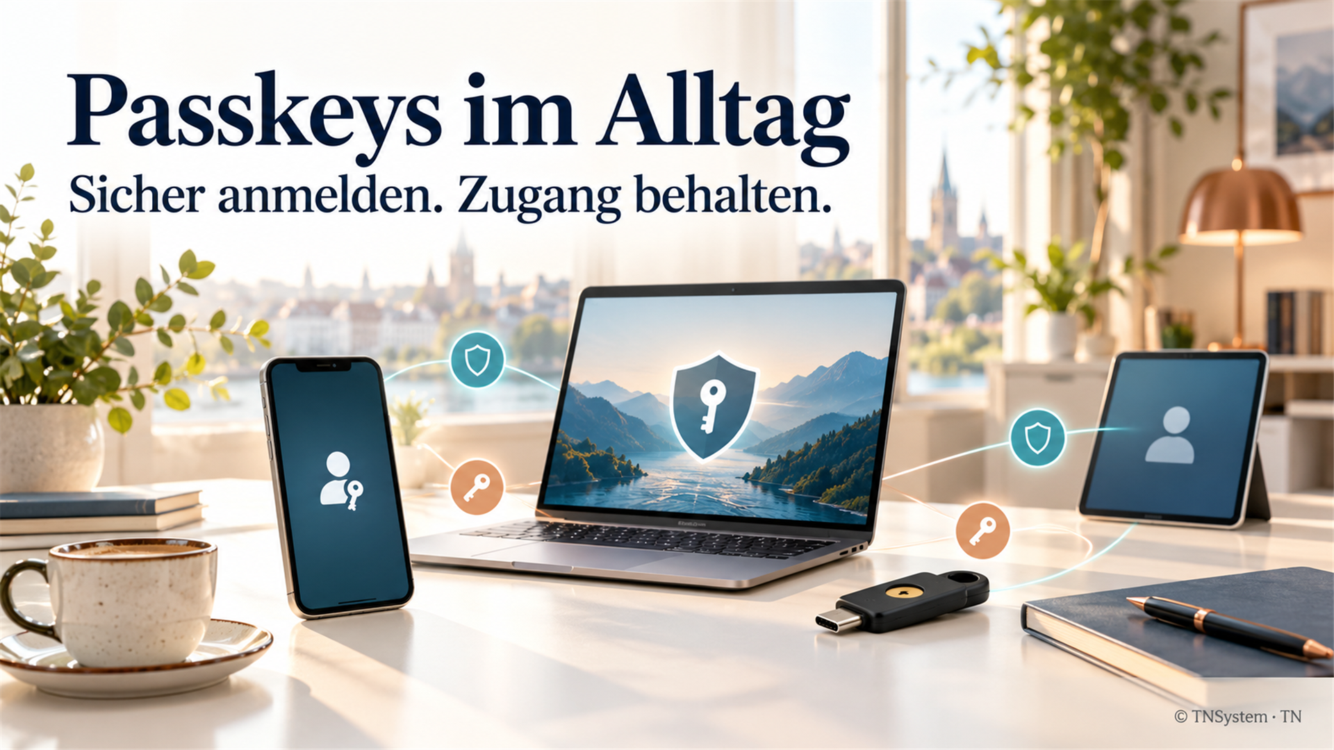Helle Symbolgrafik mit Smartphone, Laptop, Tablet und separat vorbereitetem Sicherheitsschlüssel.