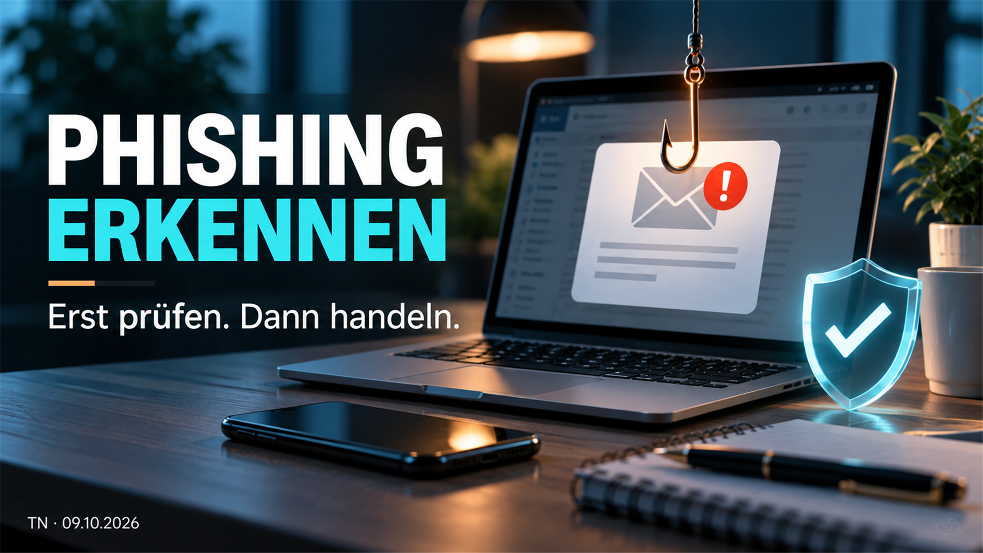 Illustration zum Erkennen von Phishing: Laptop mit verdächtiger Nachricht, Angelhaken und Schutzschild.