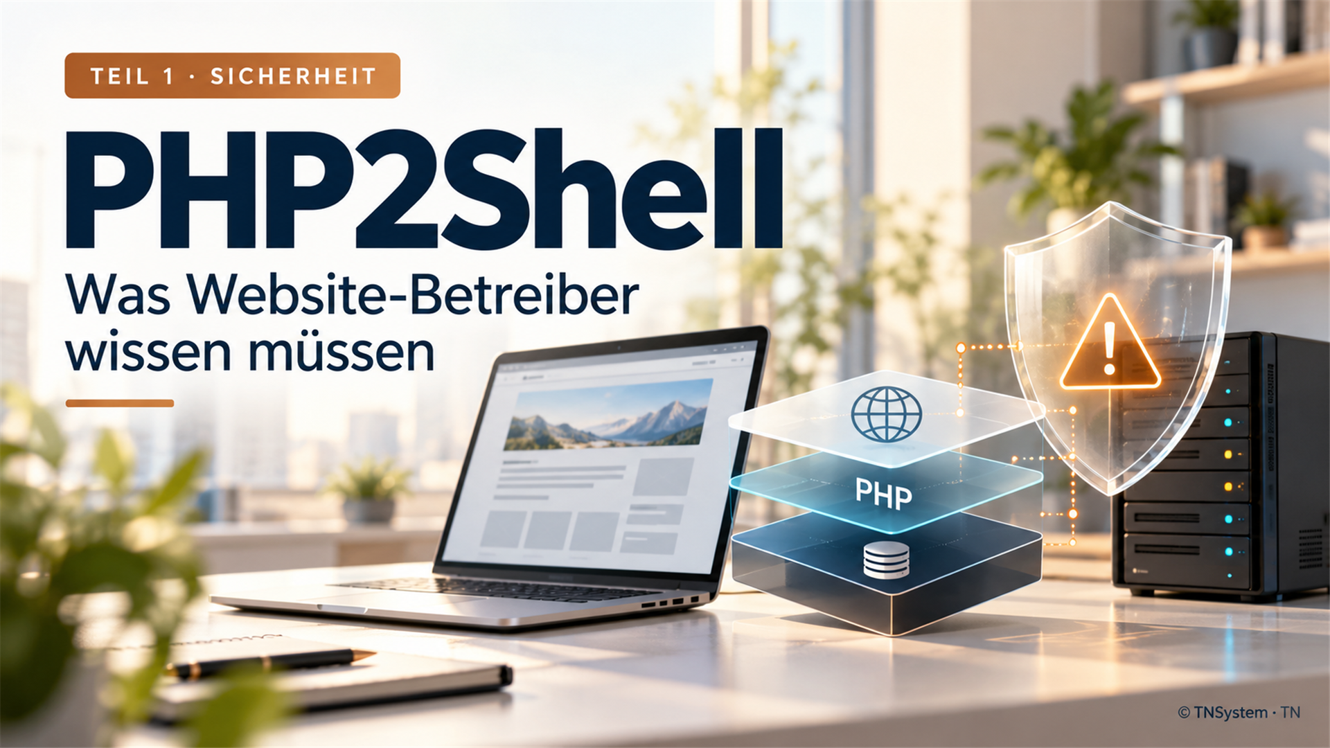 Bright editorial illustration of a PHP foundation, laptop and warning shield for PHP2Shell.