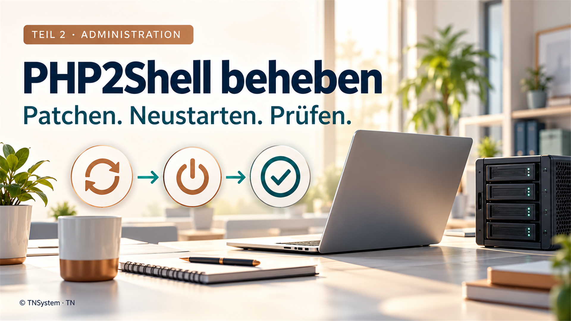 Helles redaktionelles Symbolbild: PHP-Update, Neustart und Prüfung an Laptop und Server.
