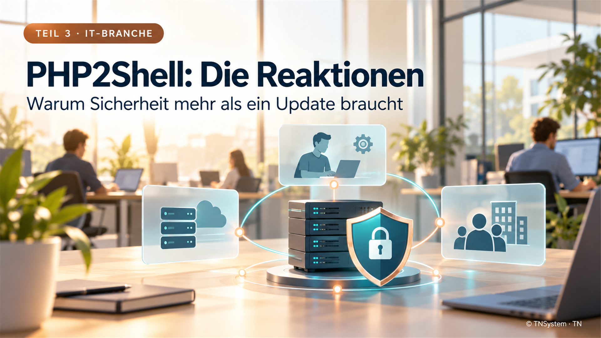 Helles redaktionelles Symbolbild: gemeinsame PHP-Sicherheitsarbeit von Entwicklern, Anbietern und Organisationen.