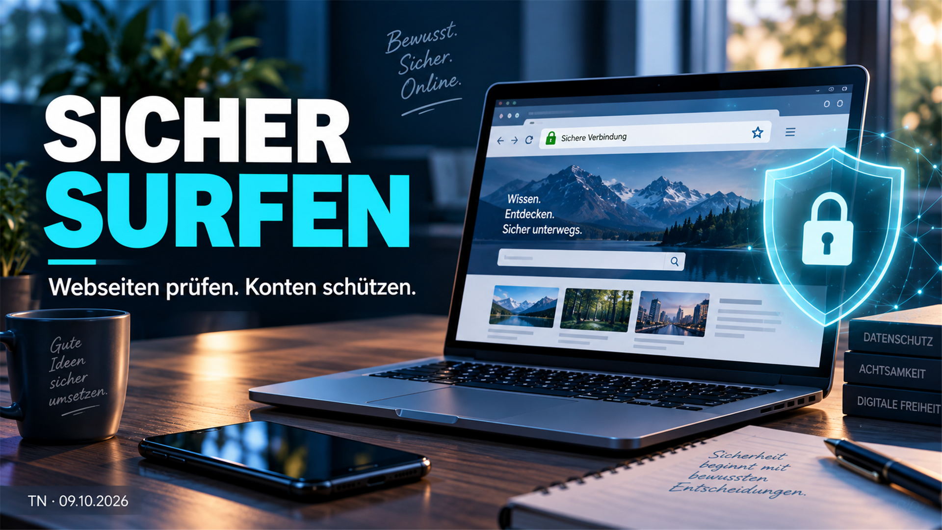 Illustration zum sicheren Surfen mit Laptop, verschlüsselter Verbindung und leuchtendem Schutzschild.
