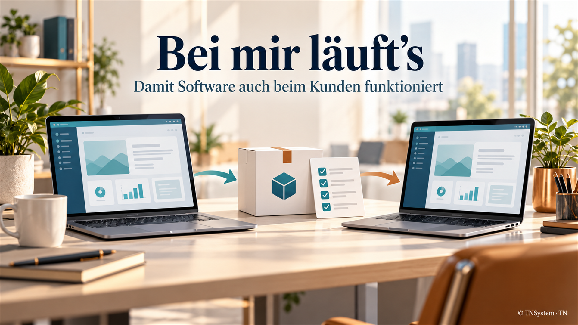 Bright illustration with two laptops, matching application views and a delivery package with a configuration checklist.