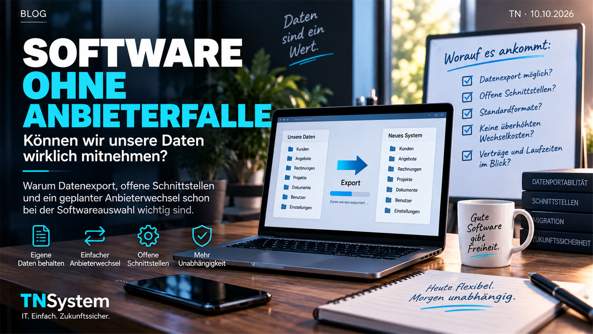 Illustration eines Datenexports zwischen zwei Softwaresystemen mit Hinweisen zu Schnittstellen und Anbieterwechsel.