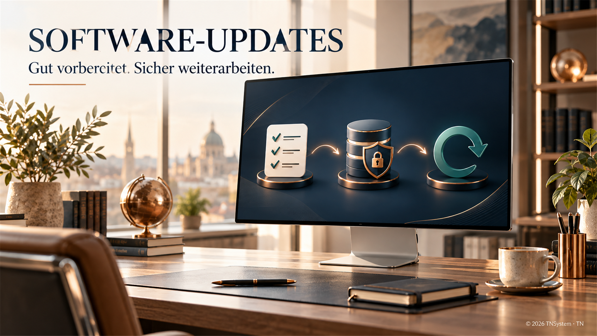 Illustration eines vorbereiteten Software-Updates mit Prüfliste, geschützter Sicherung und Rückweg.