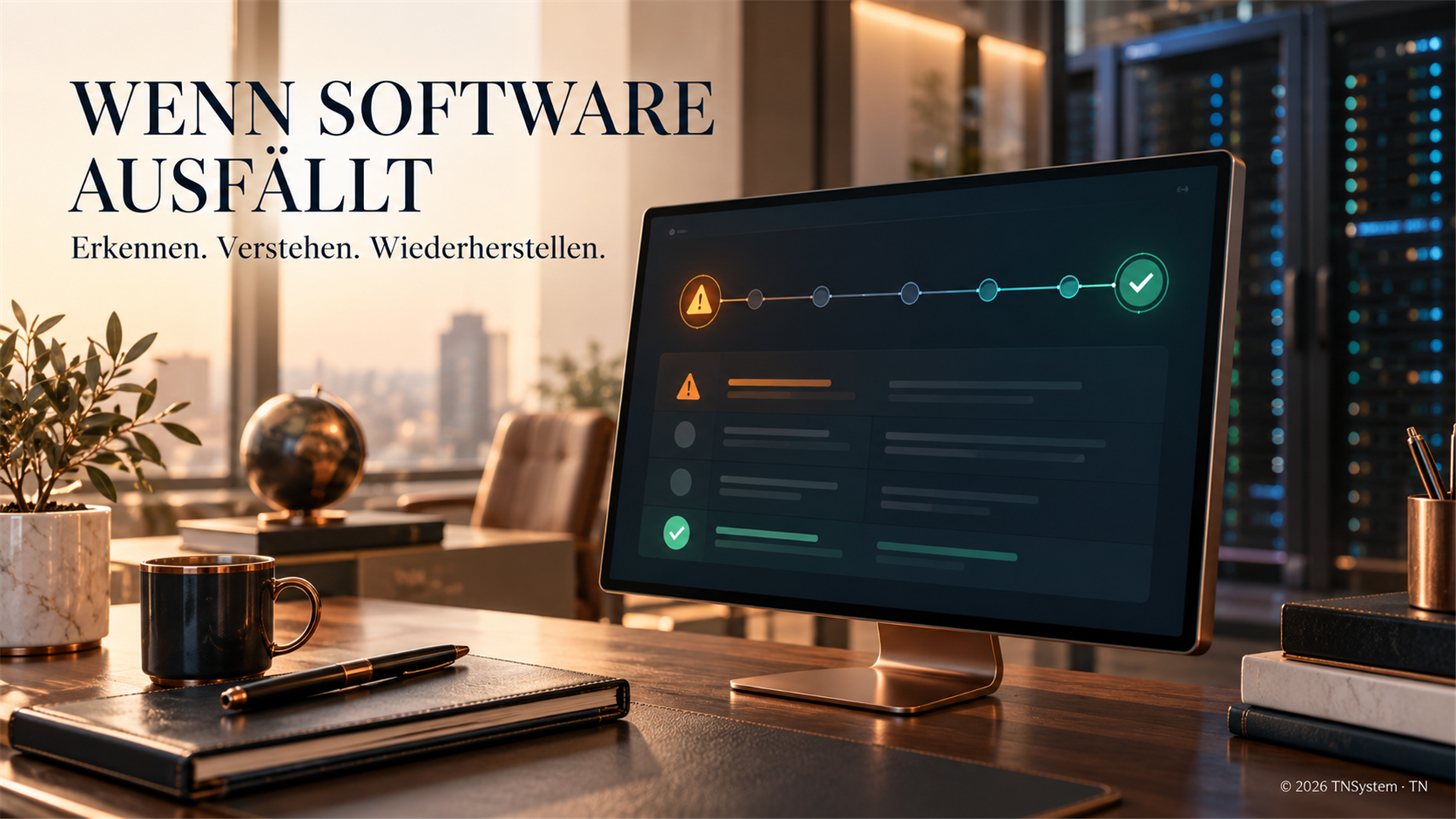 Illustration eines Monitoringbildschirms mit Warnung, Ereignisverlauf und Weg zum Wiederanlauf.