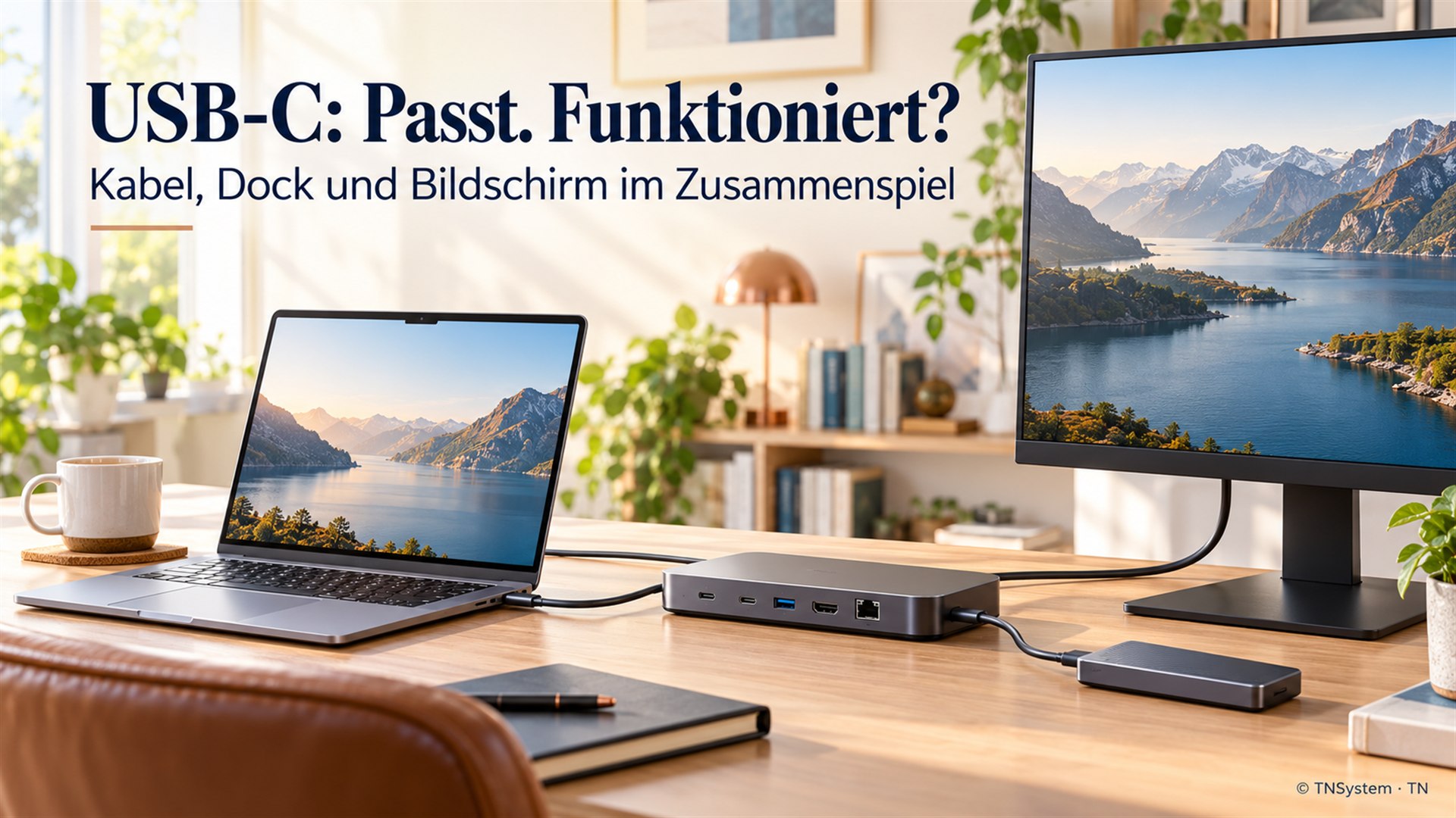 Bright desk with a laptop, USB-C dock, monitor and external drive.