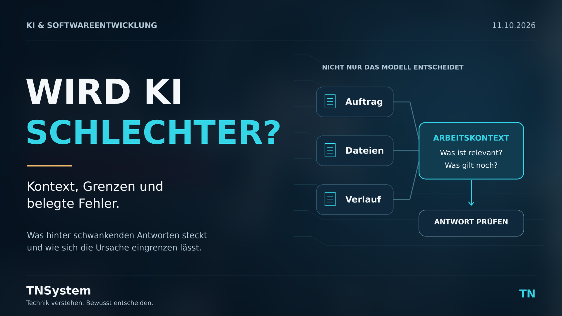 Illustration zum KI-Arbeitskontext: Auftrag, Dateien und Verlauf werden zusammengeführt und die Antwort geprüft.