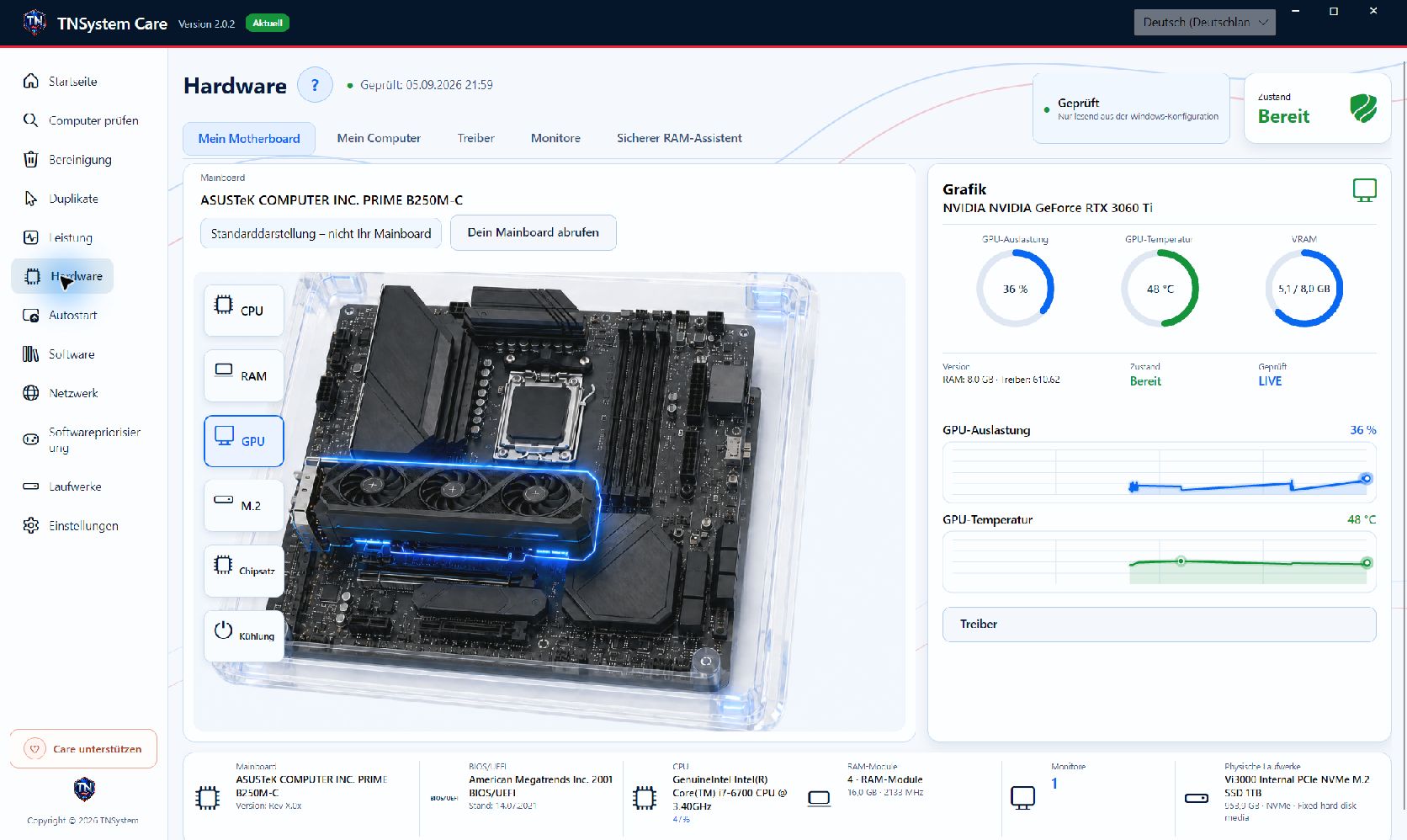 TN Care Hardwareübersicht mit Komponenteninformationen und 3D-Standarddarstellung eines Mainboards